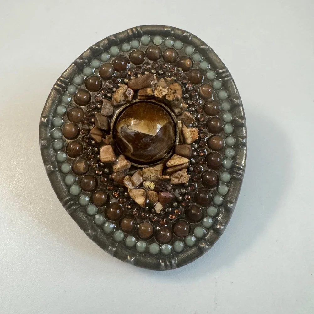 Vintage Mosaic Stone Belt Buckle Western Boho Tiger Eye Cabochon Bronze Oval